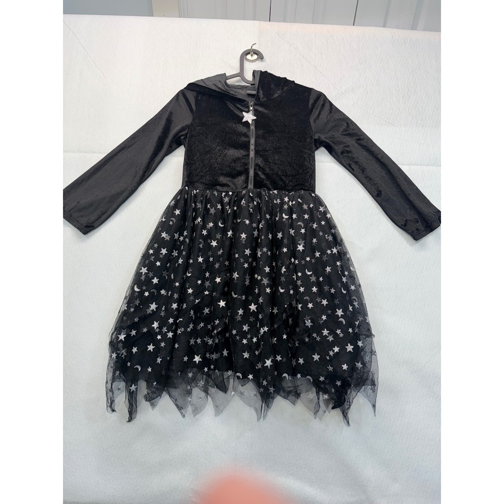 Hallows Eve Girls Black Velvet Celestial Star Moon Hooded Tulle Dress Size S 7-8